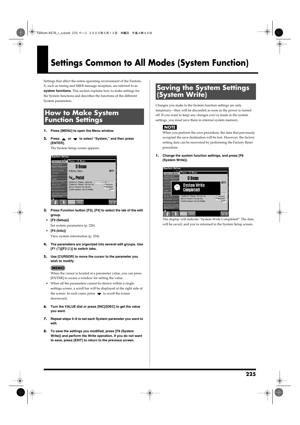 Settings common to all modes (system function), How to make system function settings, Saving the system settings (system write) | Roland Fantom-X7 User Manual | Page 225 / 348