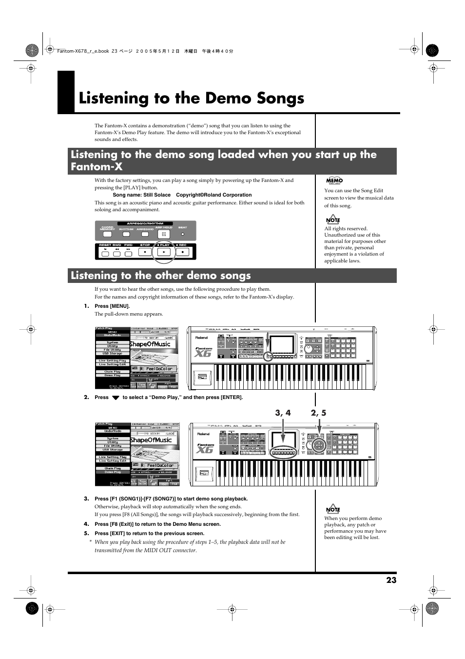 Listening to the demo songs, Listening to the other demo songs | Roland Fantom-X7 User Manual | Page 23 / 348