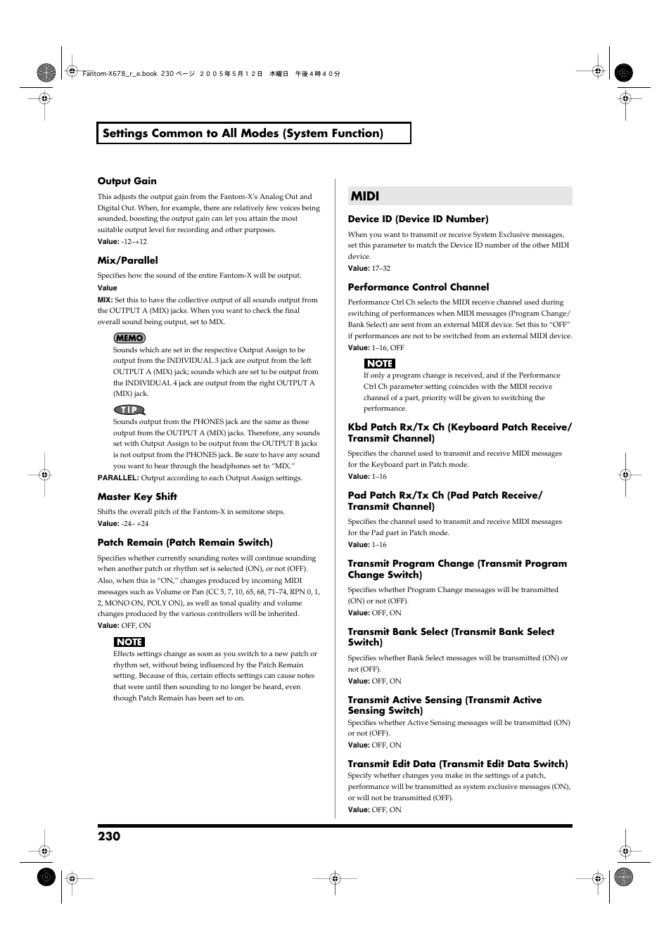 Midi, Stereo (p. 230), From the output a (mix) jacks in stereo (p. 230) | 230 settings common to all modes (system function) | Roland Fantom-X7 User Manual | Page 230 / 348