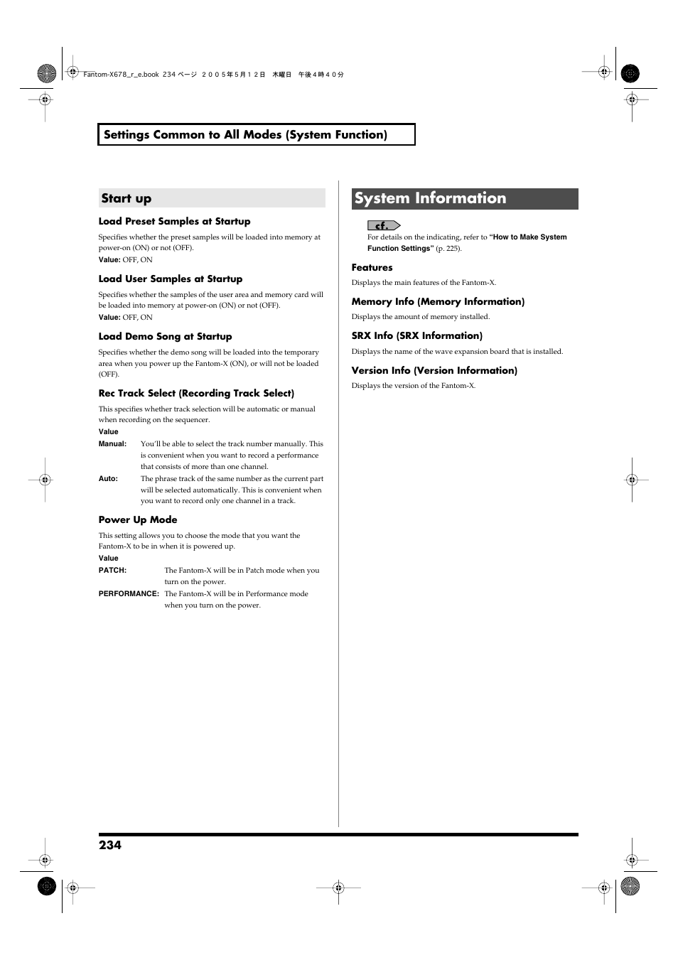 Start up, System information, To make this setting, refer to p. 234 | 234 settings common to all modes (system function) | Roland Fantom-X7 User Manual | Page 234 / 348