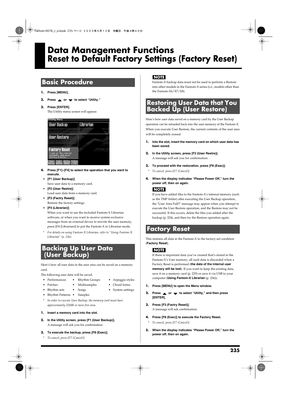 Basic procedure, Backing up user data (user backup), Factory reset | Basic procedure backing up user data (user backup), Data management functions, Reset to default factory settings (factory reset) | Roland Fantom-X7 User Manual | Page 235 / 348
