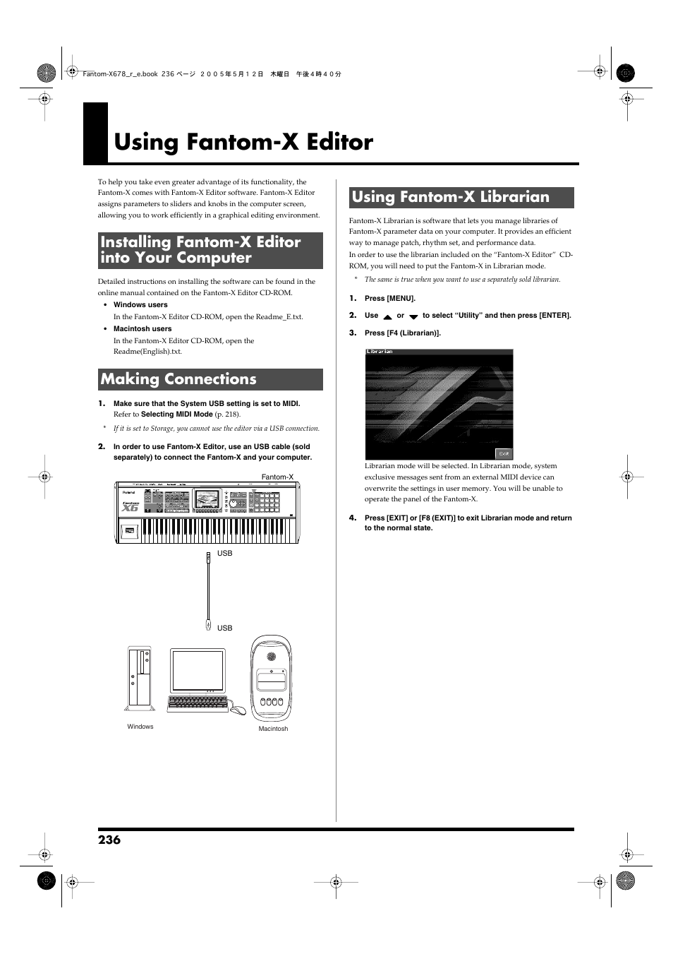 Using fantom-x editor, Installing fantom-x editor into your computer, Making connections | Using fantom-x librarian, Librarian” (p. 236), Computer, P. 236)) | Roland Fantom-X7 User Manual | Page 236 / 348