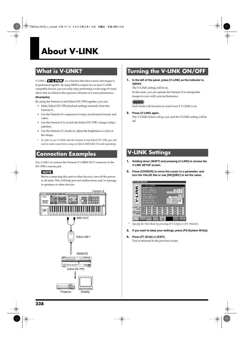 About v-link, What is v-link, Connection examples | Turning the v-link on/off, V-link settings, P. 238), What is v-link? connection examples, Turning the v-link on/off v-link settings | Roland Fantom-X7 User Manual | Page 238 / 348
