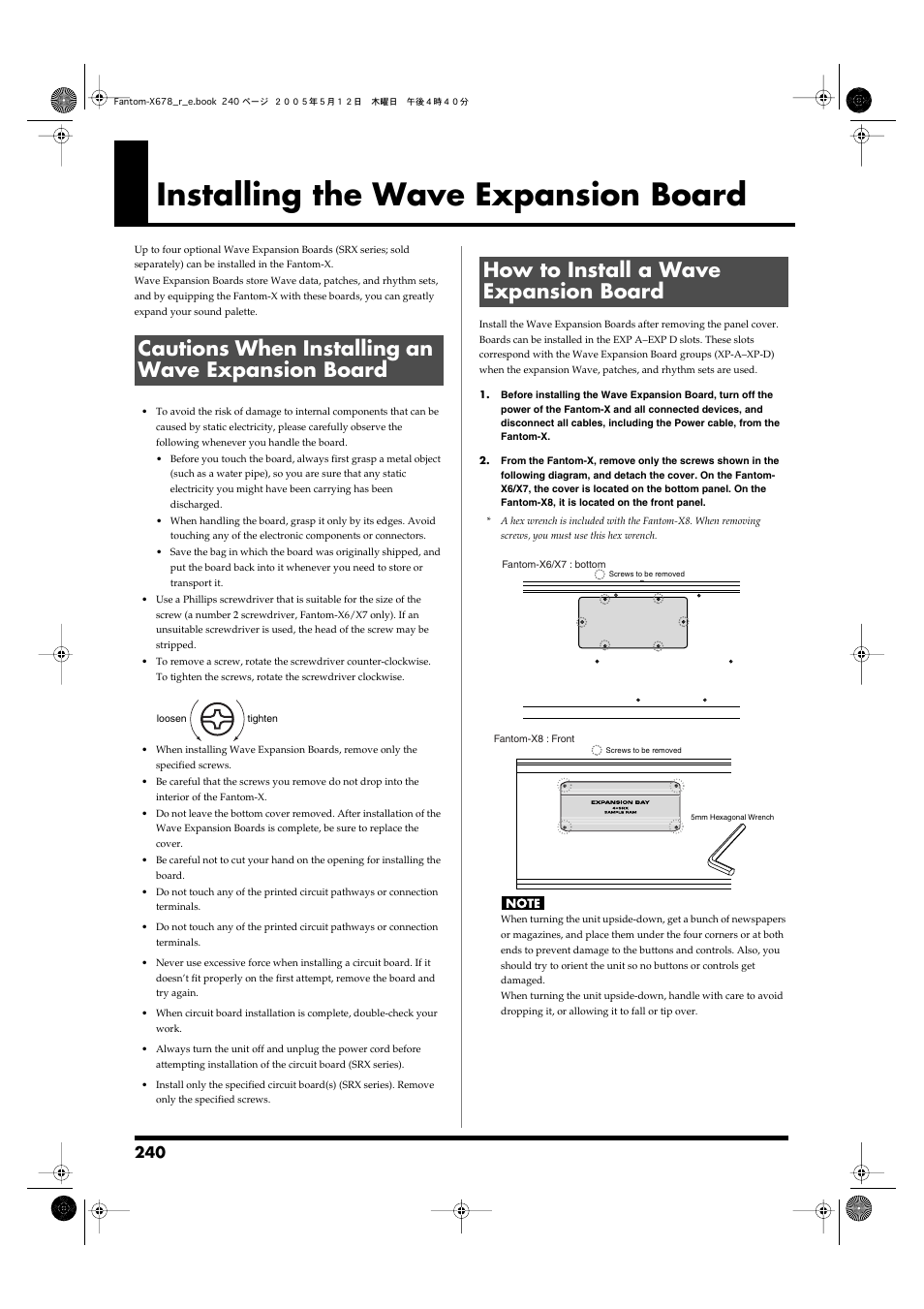 Installing the wave expansion board, Cautions when installing an wave expansion board, How to install a wave expansion board | Roland Fantom-X7 User Manual | Page 240 / 348