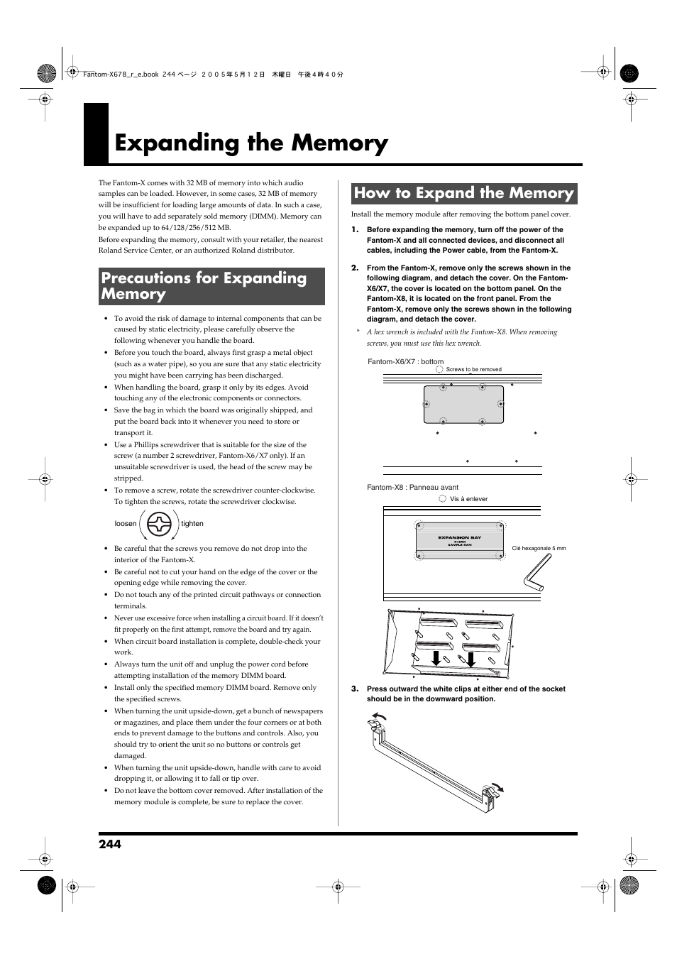 Expanding the memory, Precautions for expanding memory, How to expand the memory | Separately sold memory (dimm) (p. 244, p. 246) | Roland Fantom-X7 User Manual | Page 244 / 348