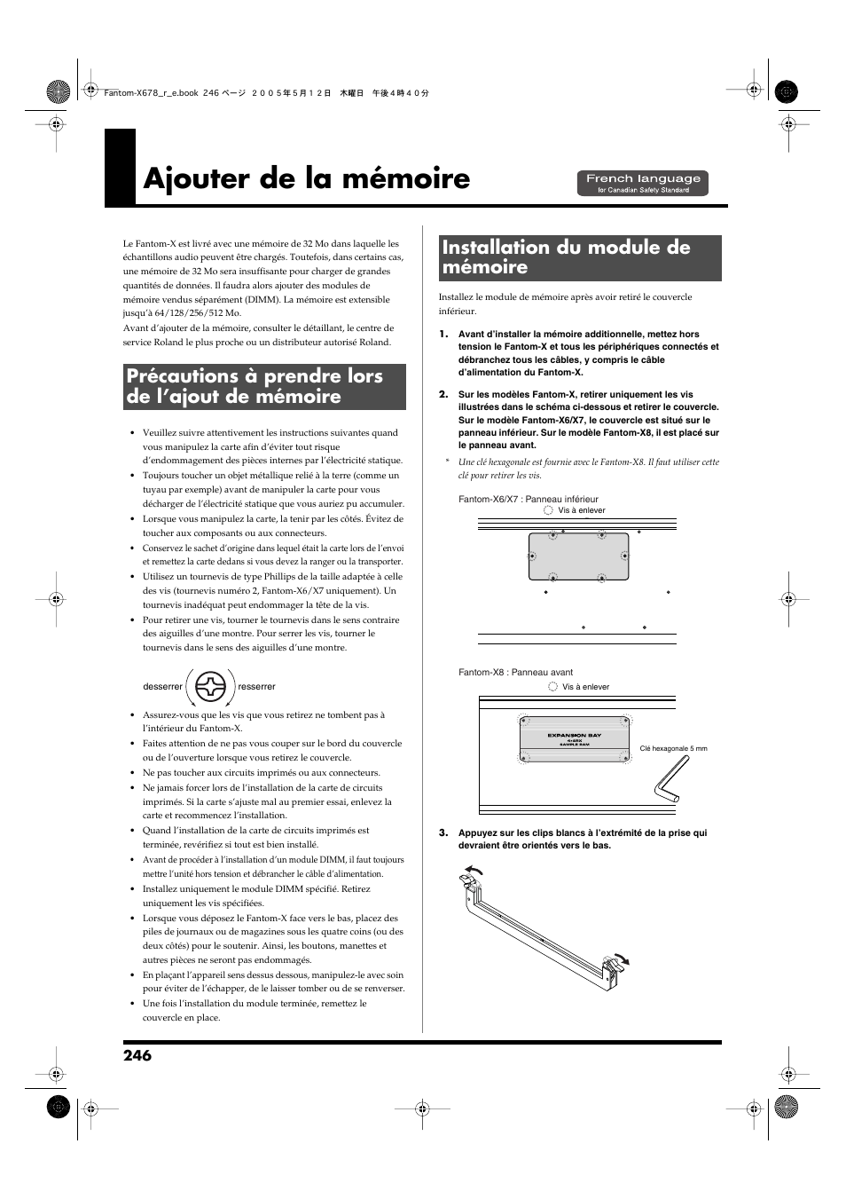 Ajouter de la mémoire, Précautions à prendre lors de l’ajout de mémoire, Installation du module de mémoire | Roland Fantom-X7 User Manual | Page 246 / 348