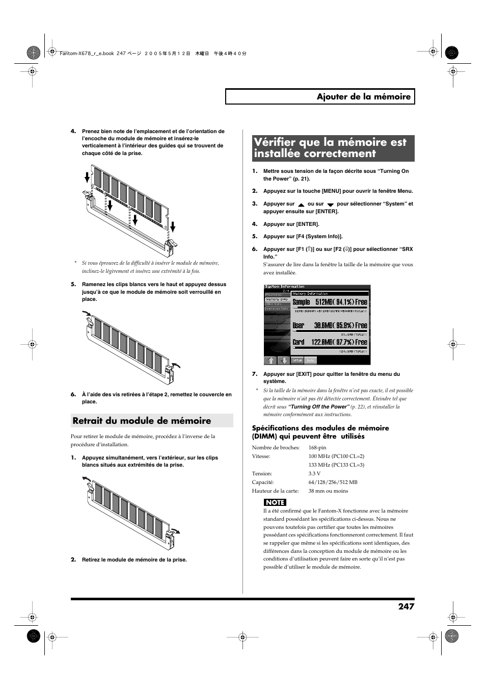 Retrait du module de mémoire, Vérifier que la mémoire est installée correctement, 247 ajouter de la mémoire | Roland Fantom-X7 User Manual | Page 247 / 348