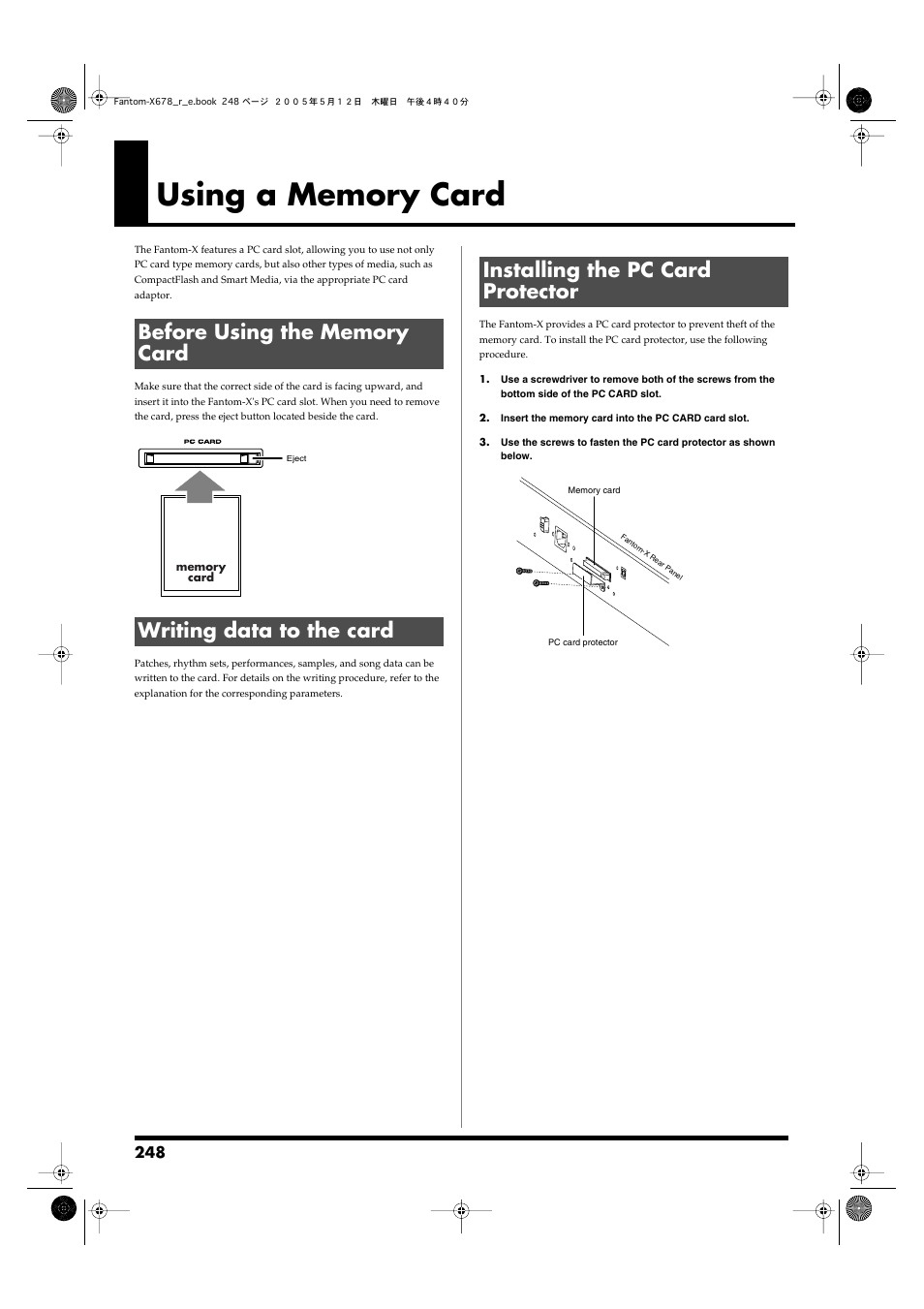 Using a memory card, Before using the memory card, Writing data to the card | Installing the pc card protector | Roland Fantom-X7 User Manual | Page 248 / 348