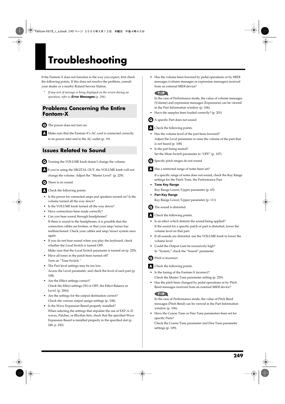 Troubleshooting, Problems concerning the entire fantom-x, Issues related to sound | Roland Fantom-X7 User Manual | Page 249 / 348