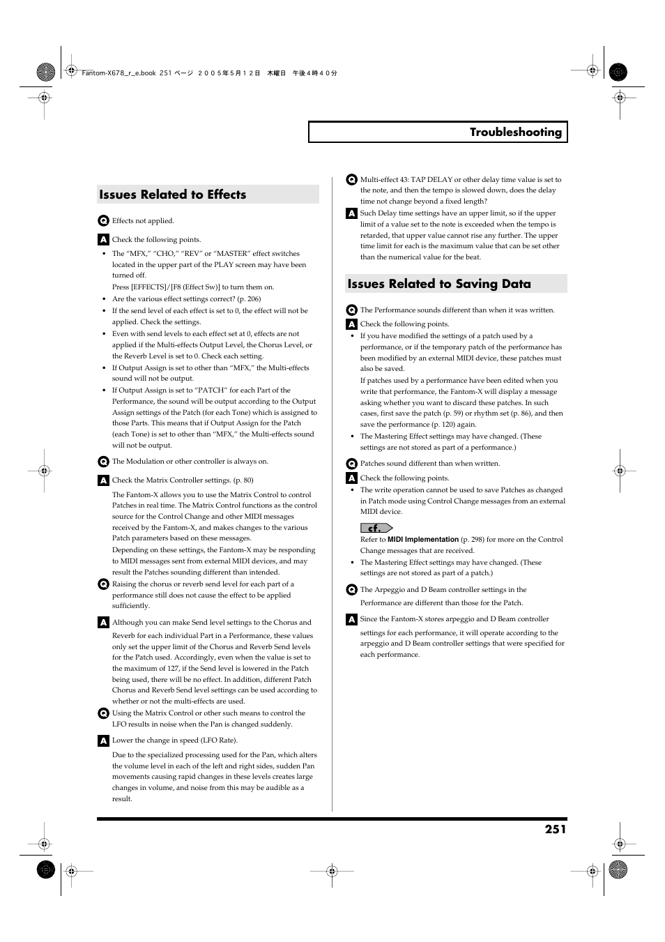 Issues related to effects, Issues related to saving data, 251 troubleshooting | Roland Fantom-X7 User Manual | Page 251 / 348