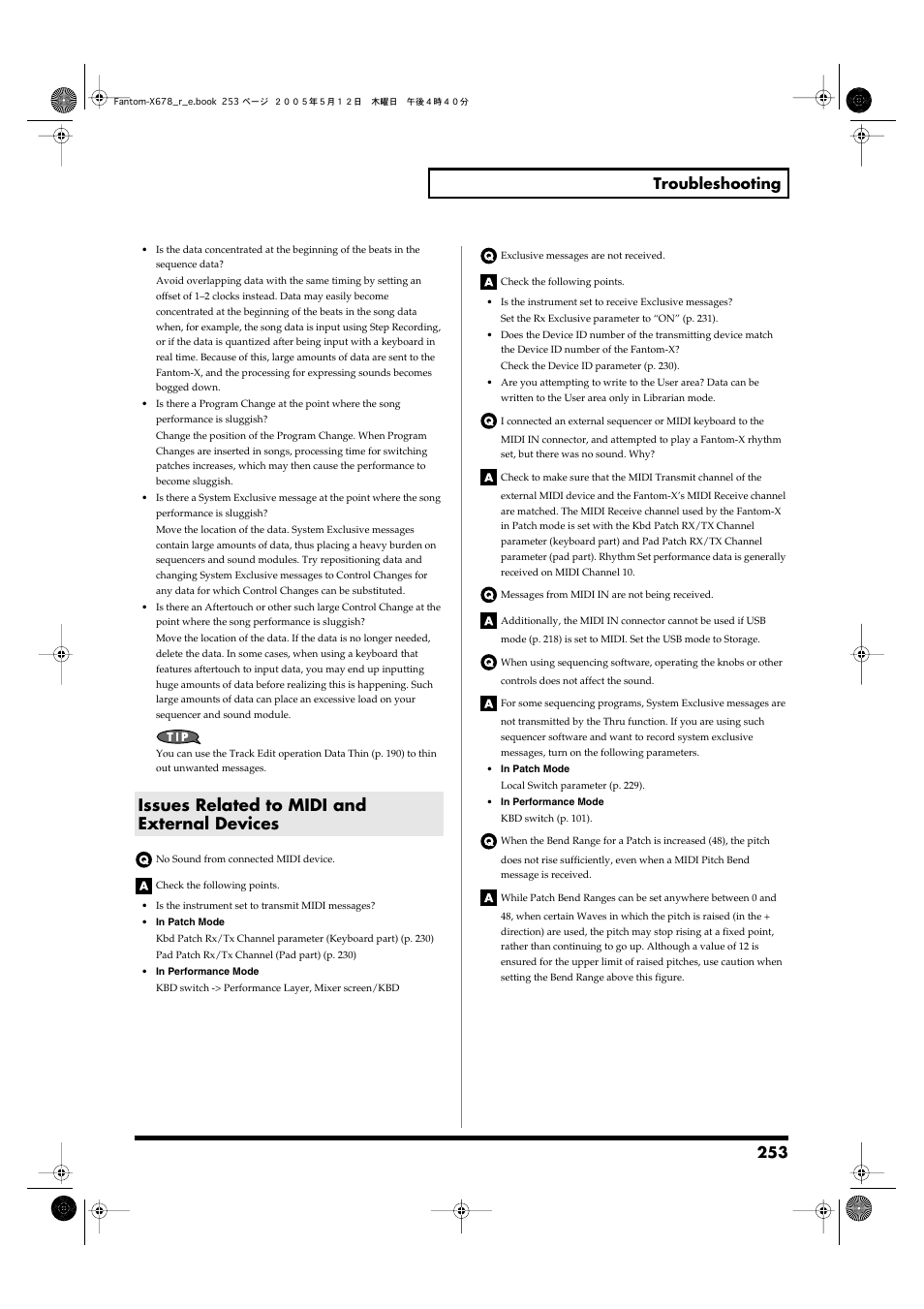 Issues related to midi and external devices, 253 troubleshooting | Roland Fantom-X7 User Manual | Page 253 / 348