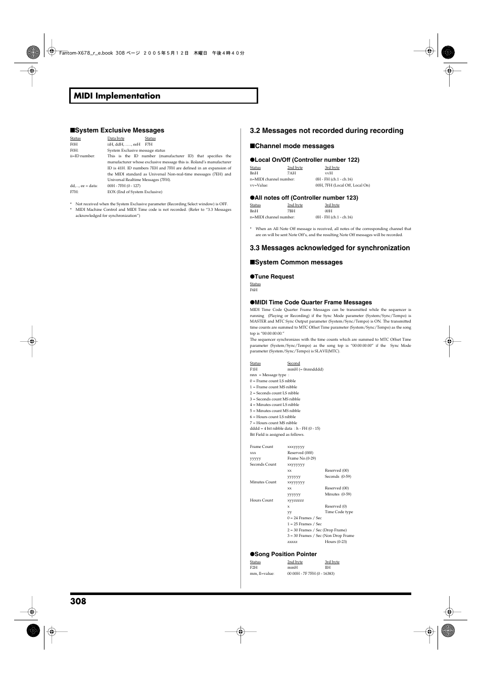 308 midi implementation, 2 messages not recorded during recording, 3 messages acknowledged for synchronization | System exclusive messages, Channel mode messages, System common messages | Roland Fantom-X7 User Manual | Page 308 / 348