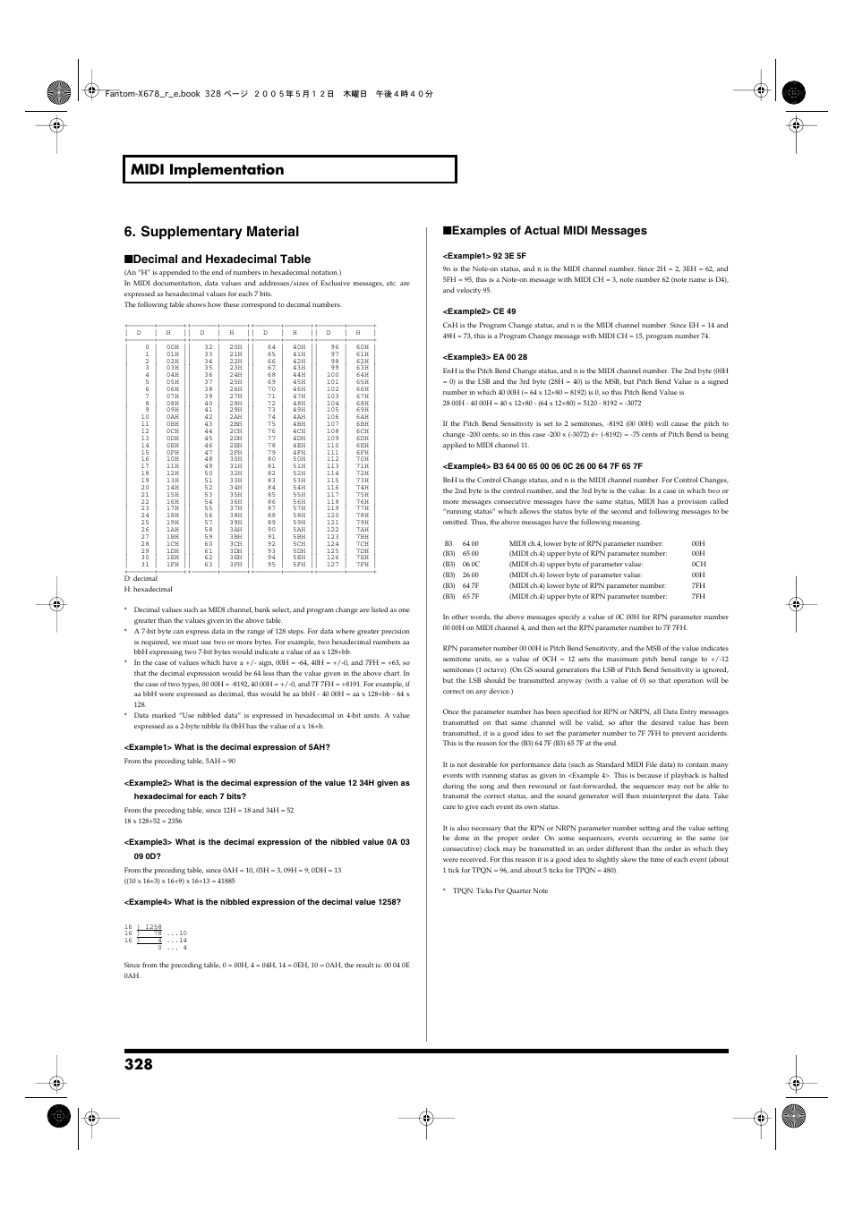 328 midi implementation 6. supplementary material, Decimal and hexadecimal table, Examples of actual midi messages | Roland Fantom-X7 User Manual | Page 328 / 348