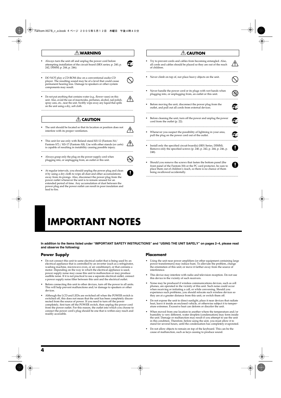 Important notes, Power supply, Placement | Roland Fantom-X7 User Manual | Page 4 / 348