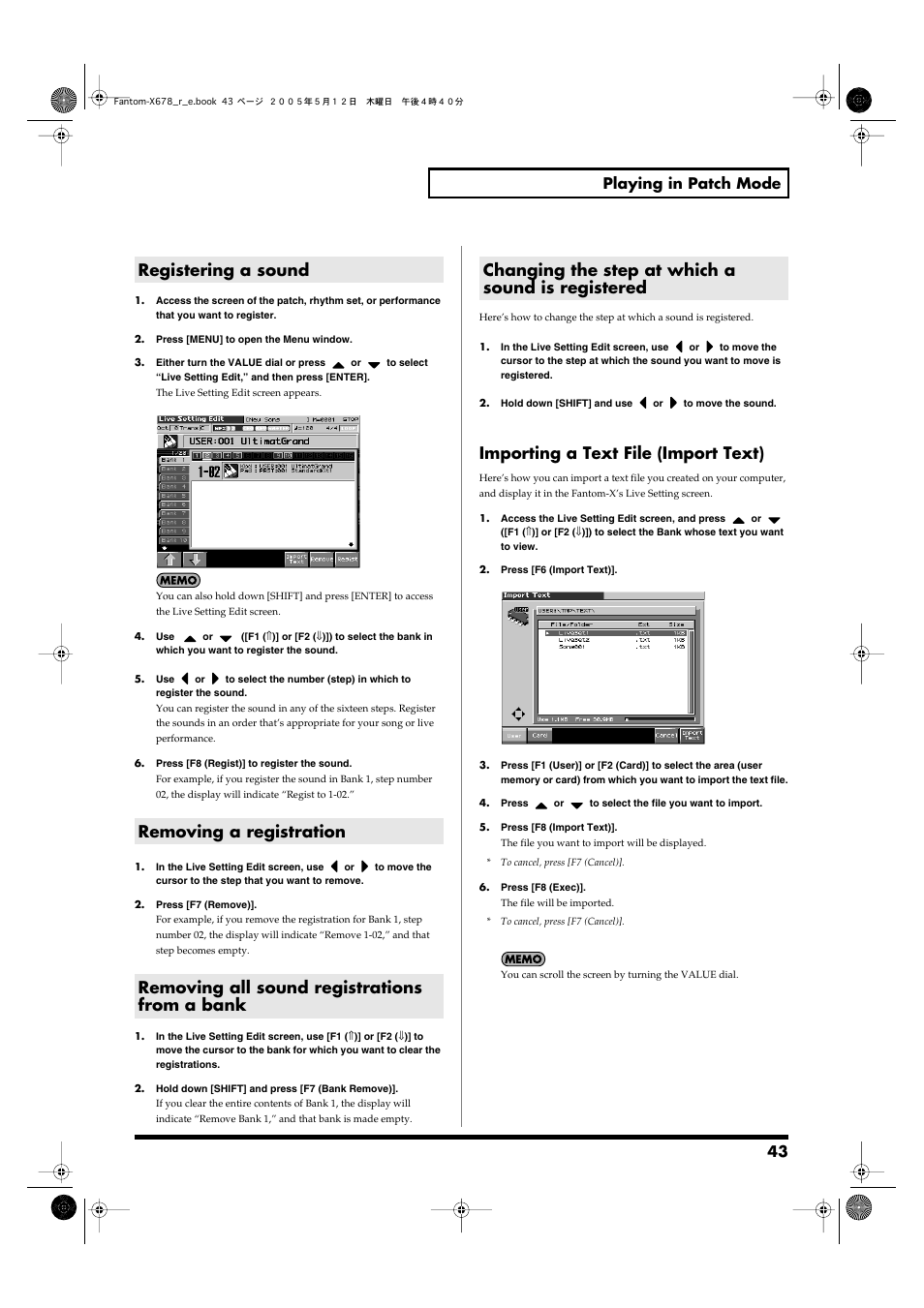 Registering a sound, Removing a registration, Removing all sound registrations from a bank | Changing the step at which a sound is registered, Importing a text file (import text), 43 playing in patch mode | Roland Fantom-X7 User Manual | Page 43 / 348