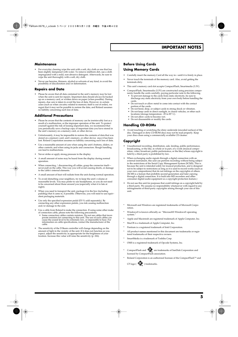 Maintenance, Repairs and data, Additional precautions | Handling cd-roms, Copyright | Roland Fantom-X7 User Manual | Page 5 / 348