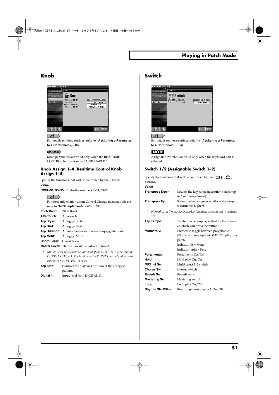 Knob, Switch, 51 playing in patch mode | Roland Fantom-X7 User Manual | Page 51 / 348