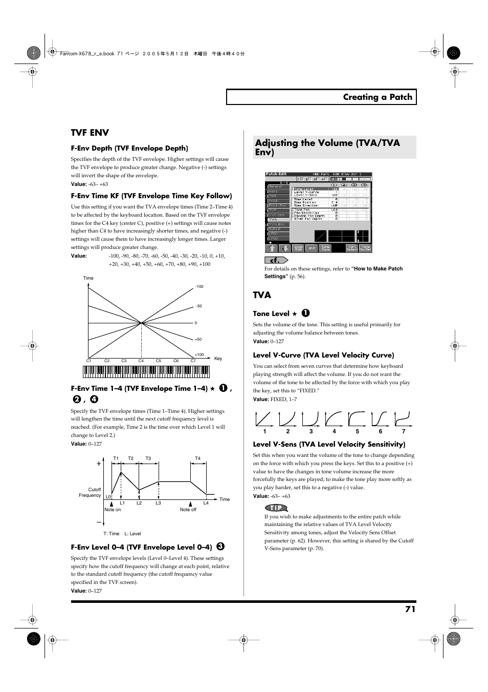Adjusting the volume (tva/tva env), P. 71, Parameters (p. 71) | 4 parameters (p. 71), Level v-sens parameter (p. 71), Tvf env, 71 creating a patch | Roland Fantom-X7 User Manual | Page 71 / 348