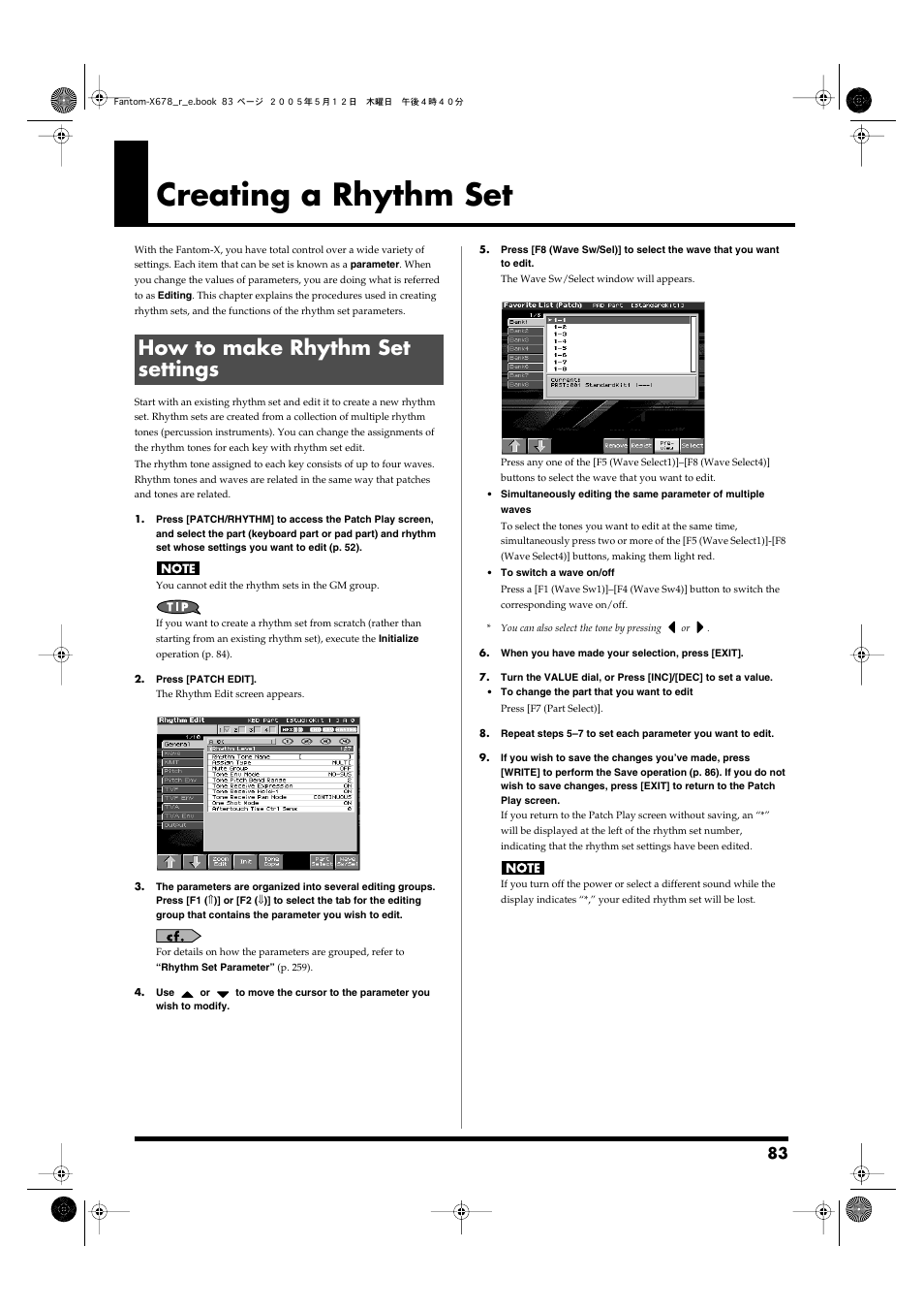 Creating a rhythm set, How to make rhythm set settings | Roland Fantom-X7 User Manual | Page 83 / 348
