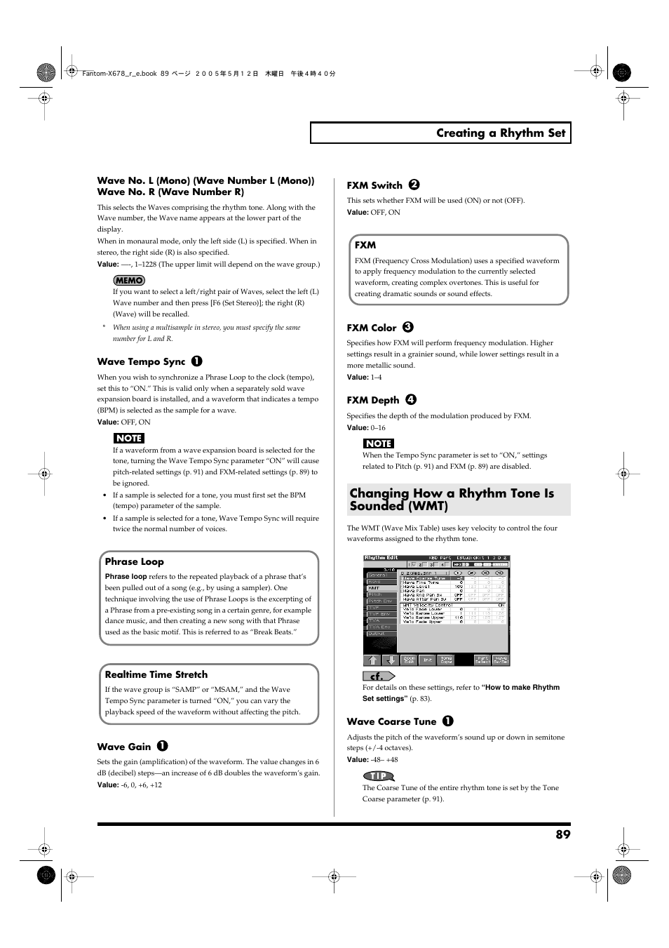 Changing how a rhythm tone is sounded (wmt), 89 creating a rhythm set | Roland Fantom-X7 User Manual | Page 89 / 348