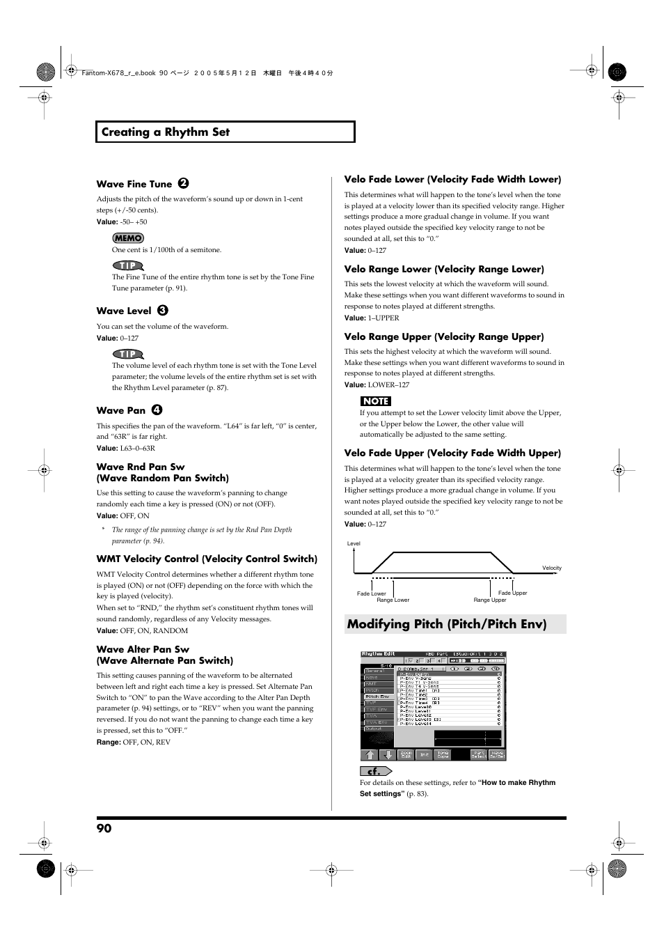 Modifying pitch (pitch/pitch env), 90 creating a rhythm set | Roland Fantom-X7 User Manual | Page 90 / 348