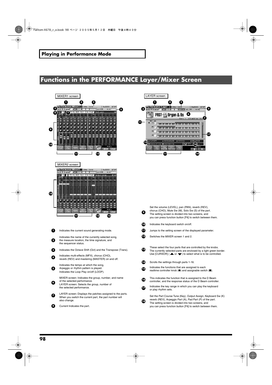 Functions in the performance layer/mixer screen, 98 playing in performance mode | Roland Fantom-X7 User Manual | Page 98 / 348