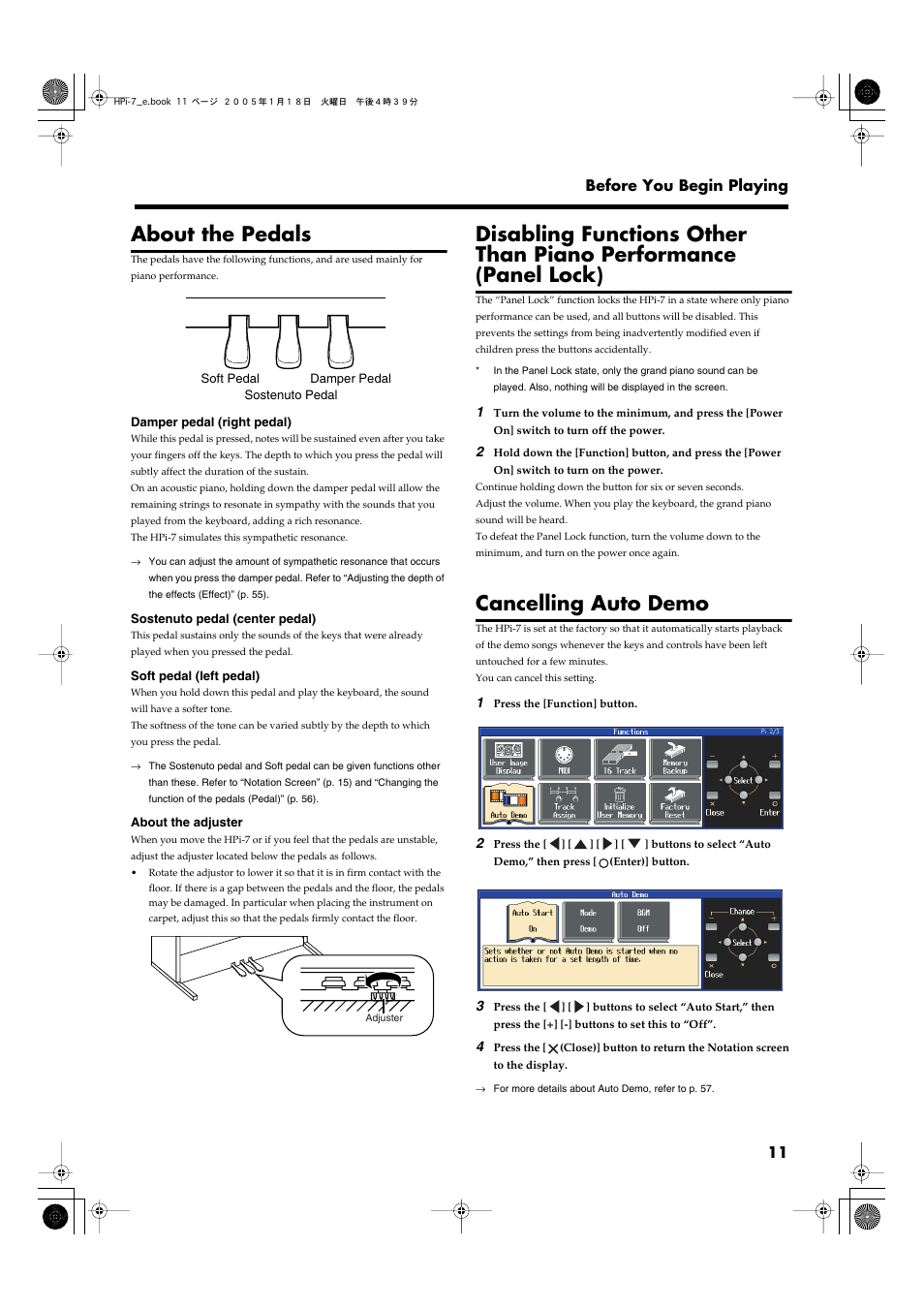 About the pedals, Cancelling auto demo, 11 before you begin playing | Roland HPi-7LE User Manual | Page 11 / 84