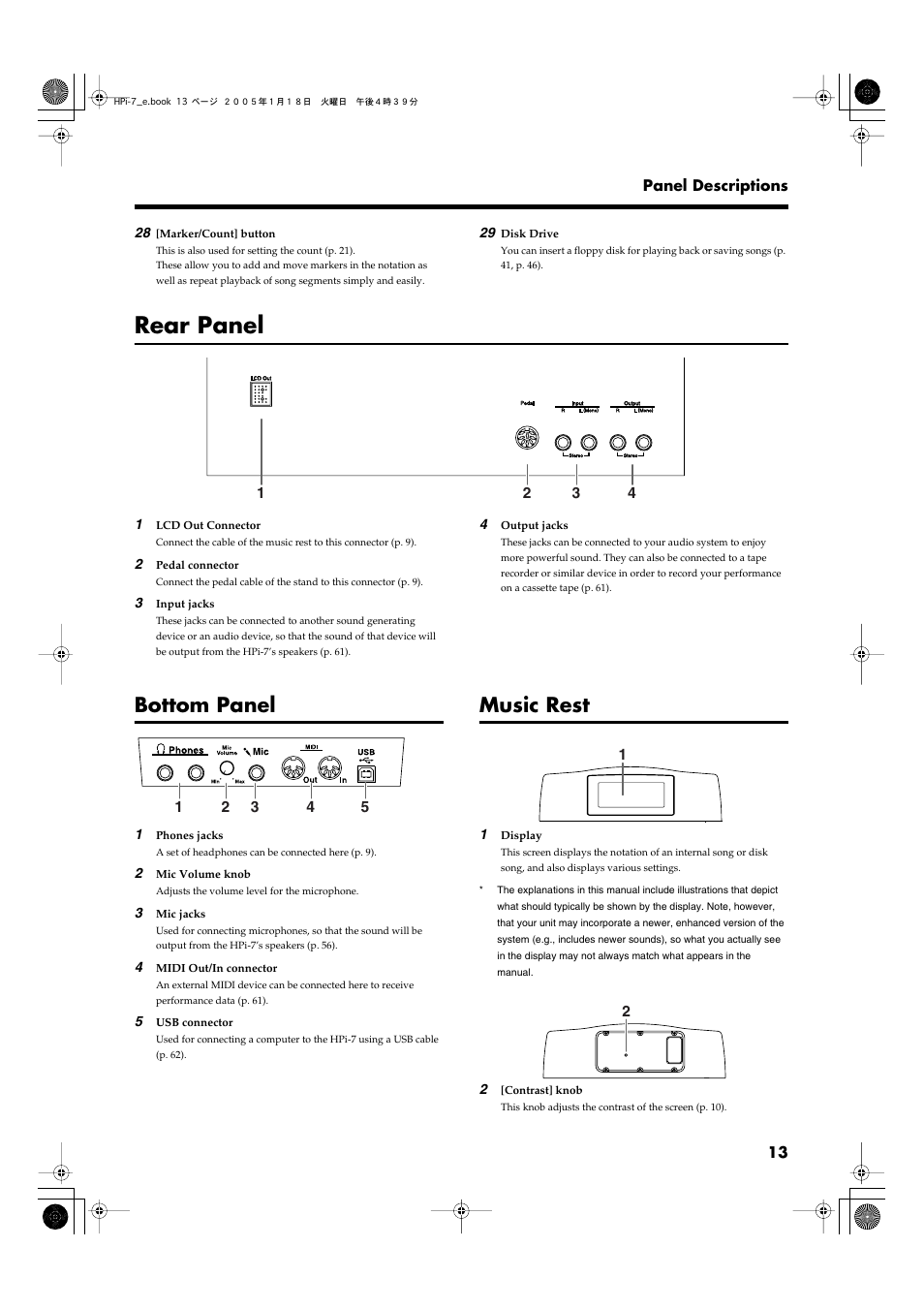 Rear panel, Bottom panel, Music rest | Rear panel bottom panel music rest | Roland HPi-7LE User Manual | Page 13 / 84