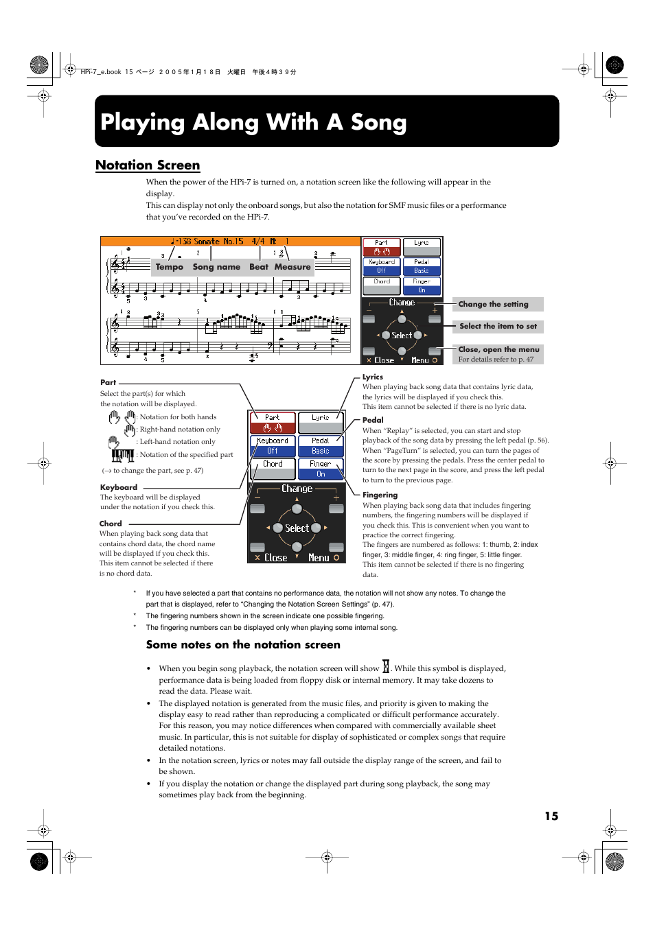 Playing along with a song, Notation screen | Roland HPi-7LE User Manual | Page 15 / 84