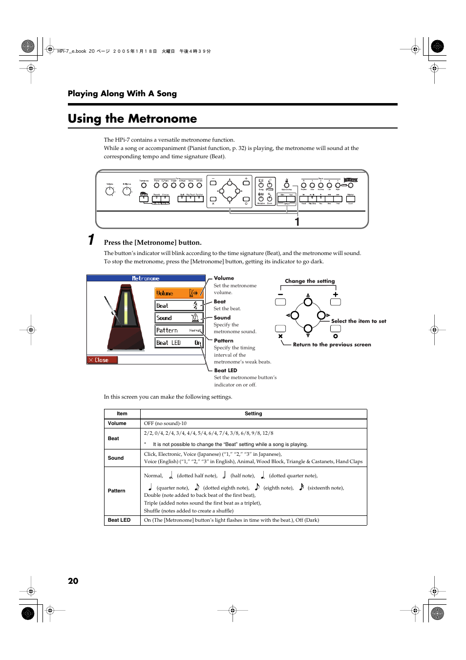Using the metronome, Sounds the internal metronome (p. 20) | Roland HPi-7LE User Manual | Page 20 / 84