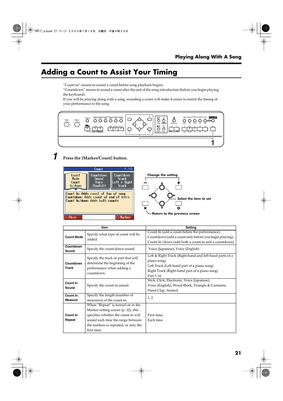 Adding a count to assist your timing, This is also used for setting the count (p. 21) | Roland HPi-7LE User Manual | Page 21 / 84