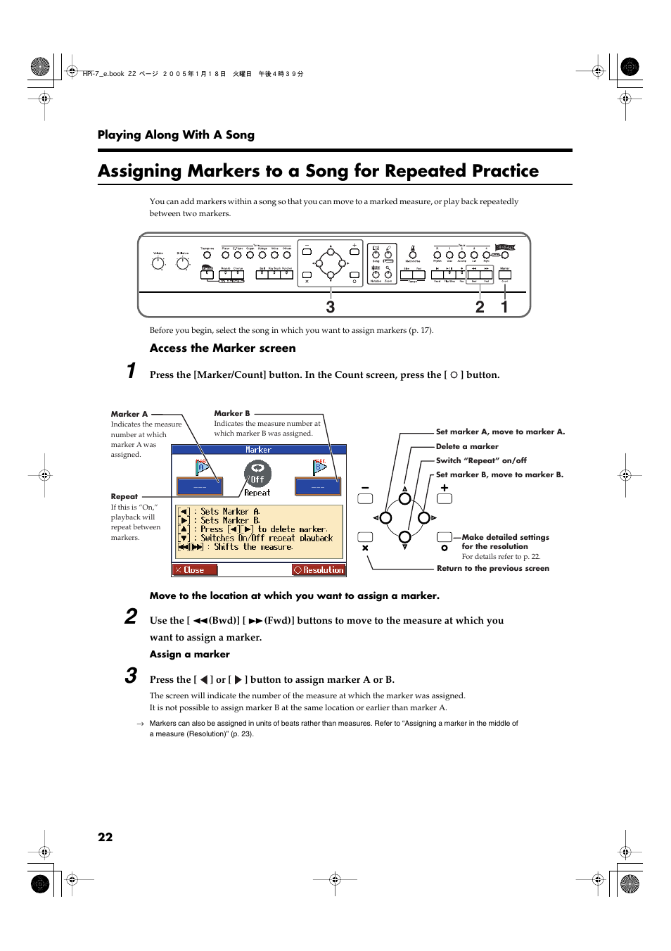 Assigning markers to a song for repeated practice | Roland HPi-7LE User Manual | Page 22 / 84