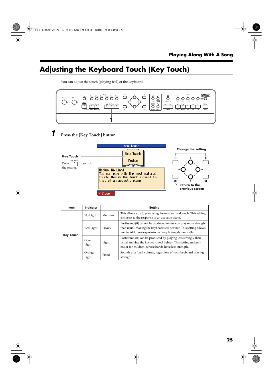 Adjusting the keyboard touch (key touch), Adjusts the touch of the keyboard (p. 25) | Roland HPi-7LE User Manual | Page 25 / 84