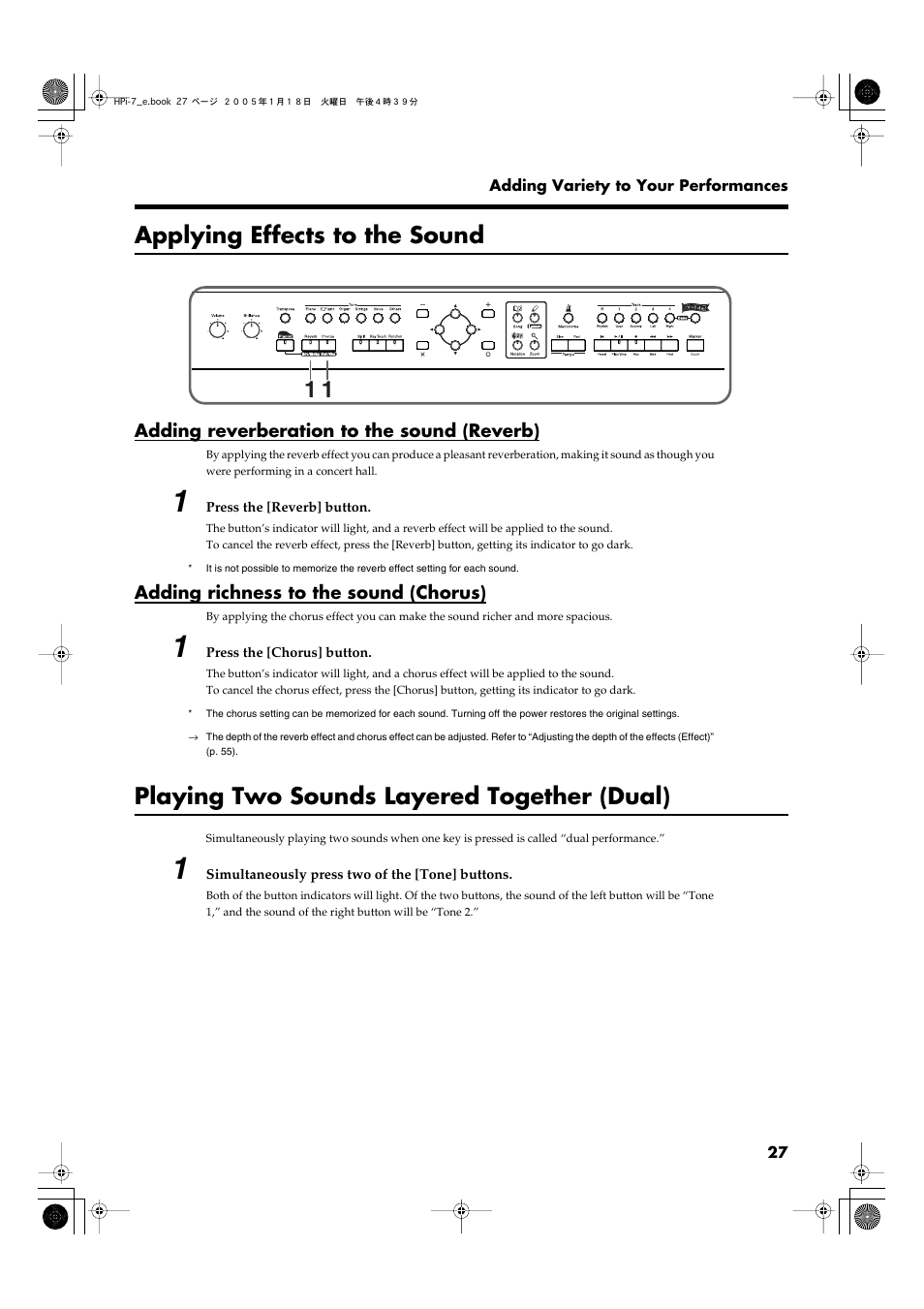 Applying effects to the sound, Adding reverberation to the sound (reverb), Adding richness to the sound (chorus) | Playing two sounds layered together (dual), Adds reverberation to the sound (p. 27), Adds spaciousness to the sound (p. 27) | Roland HPi-7LE User Manual | Page 27 / 84