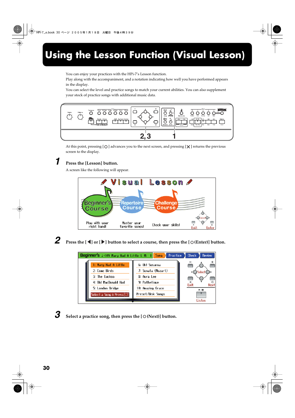 Using the lesson function (visual lesson) | Roland HPi-7LE User Manual | Page 30 / 84