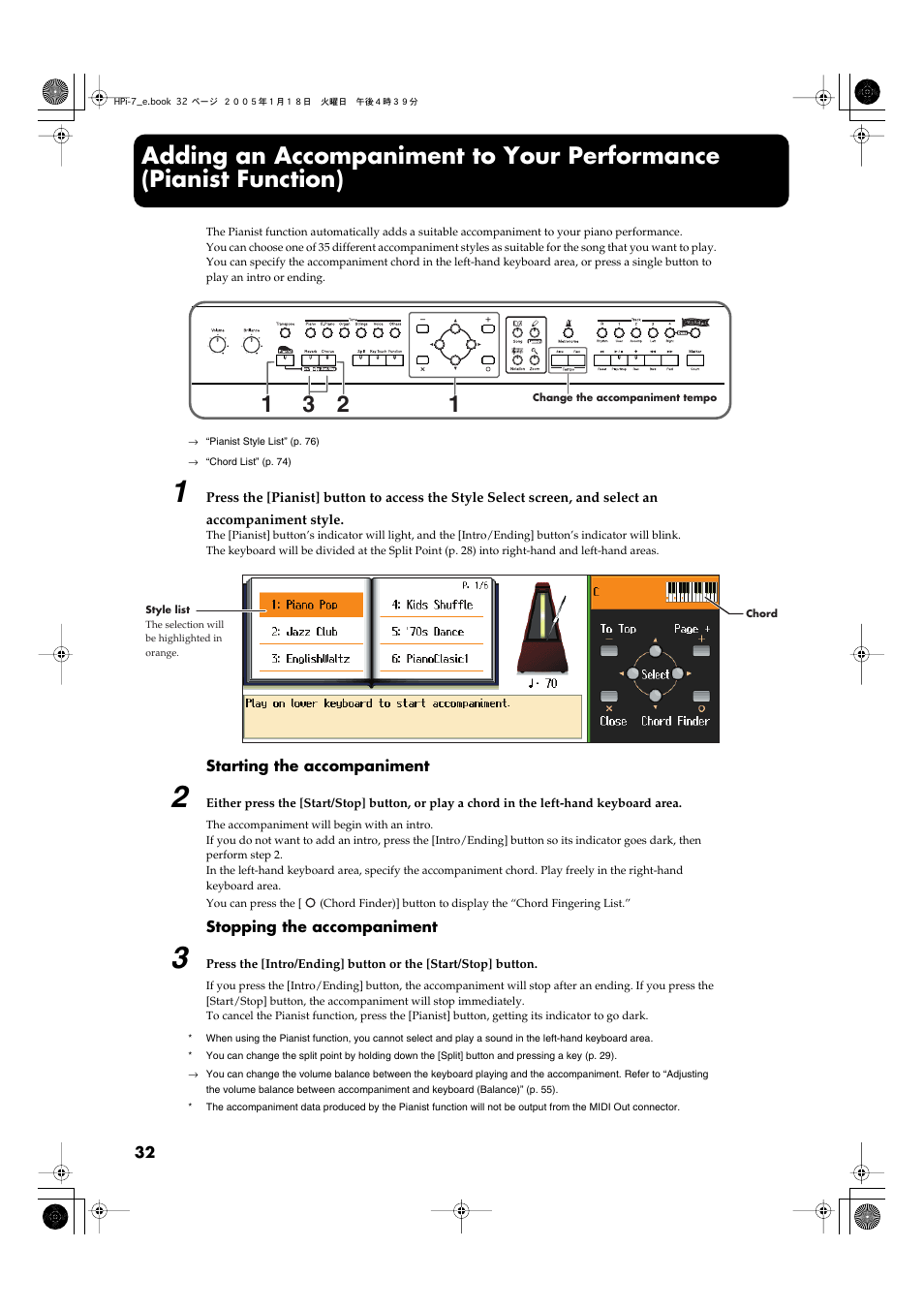 Your playing (p. 32), Accompaniment with an intro or ending (p. 32), Accompaniment (p. 32) | Roland HPi-7LE User Manual | Page 32 / 84