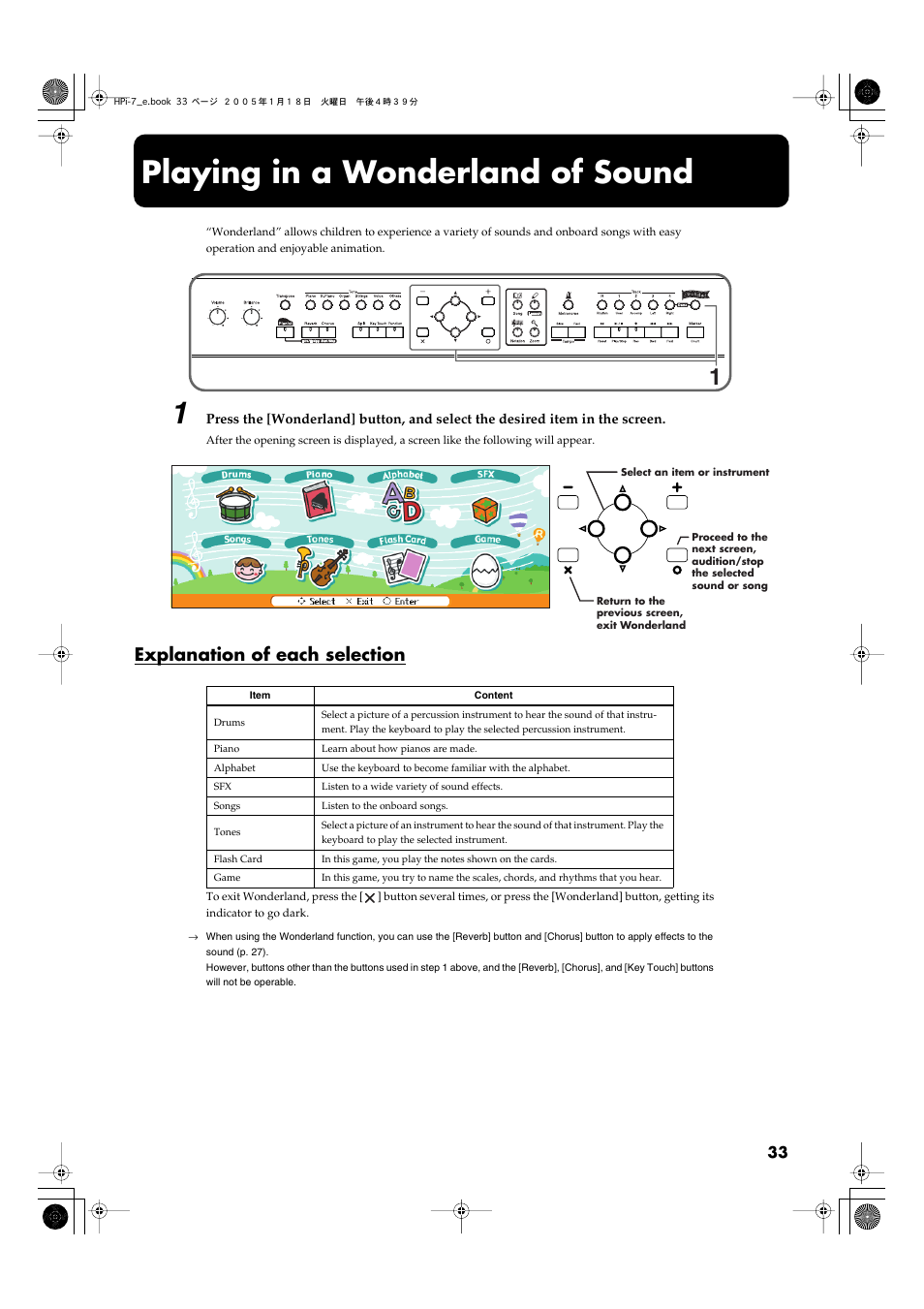 Playing in a wonderland of sound, Explanation of each selection, Learn about instruments while having fun (p. 33) | Roland HPi-7LE User Manual | Page 33 / 84