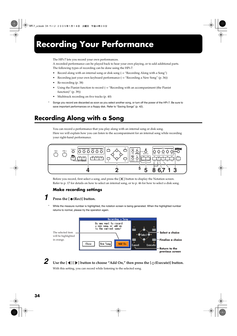 Recording your performance, Recording along with a song, Standby (p. 34–p. 40) | Roland HPi-7LE User Manual | Page 34 / 84