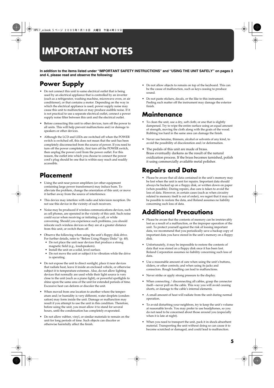 Important notes, Power supply, Placement | Maintenance, Repairs and data, Additional precautions | Roland HPi-7LE User Manual | Page 5 / 84