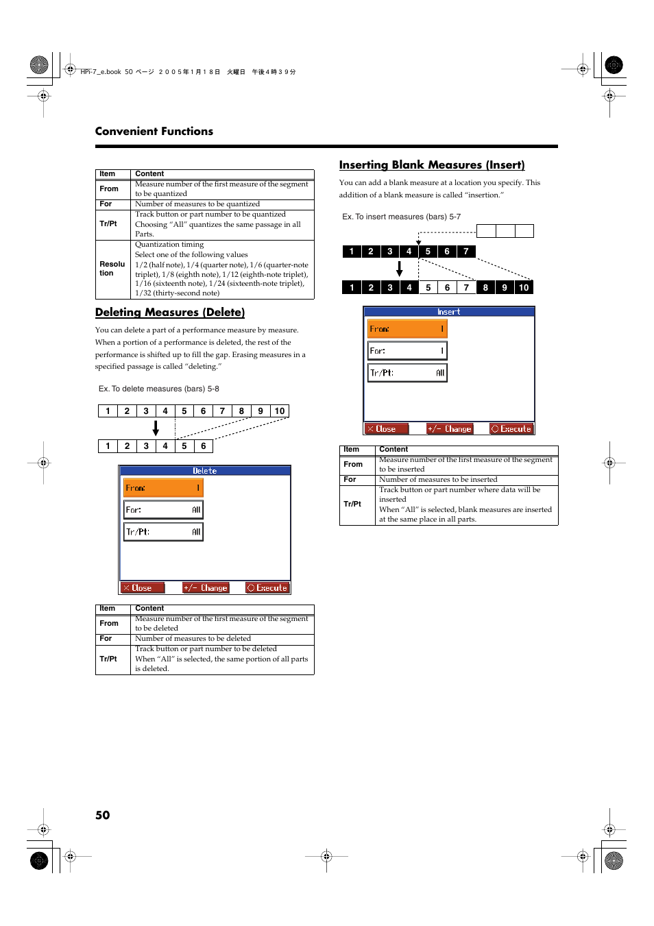 Deleting measures (delete), Inserting blank measures (insert), P. 50 | Roland HPi-7LE User Manual | Page 50 / 84