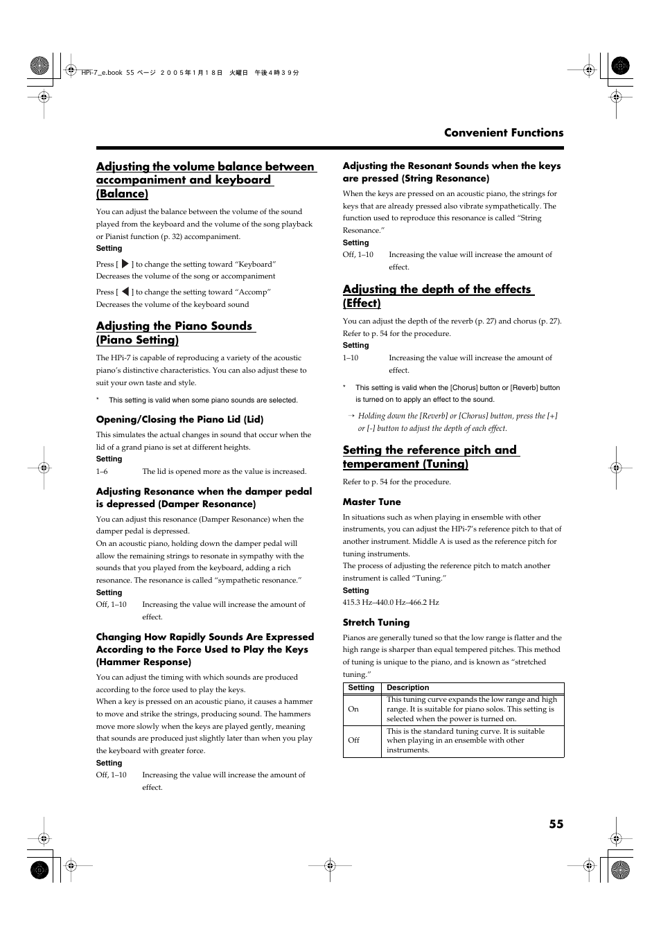 Adjusting the piano sounds (piano setting), Adjusting the depth of the effects (effect), The effects (effect)” (p. 55) | Roland HPi-7LE User Manual | Page 55 / 84
