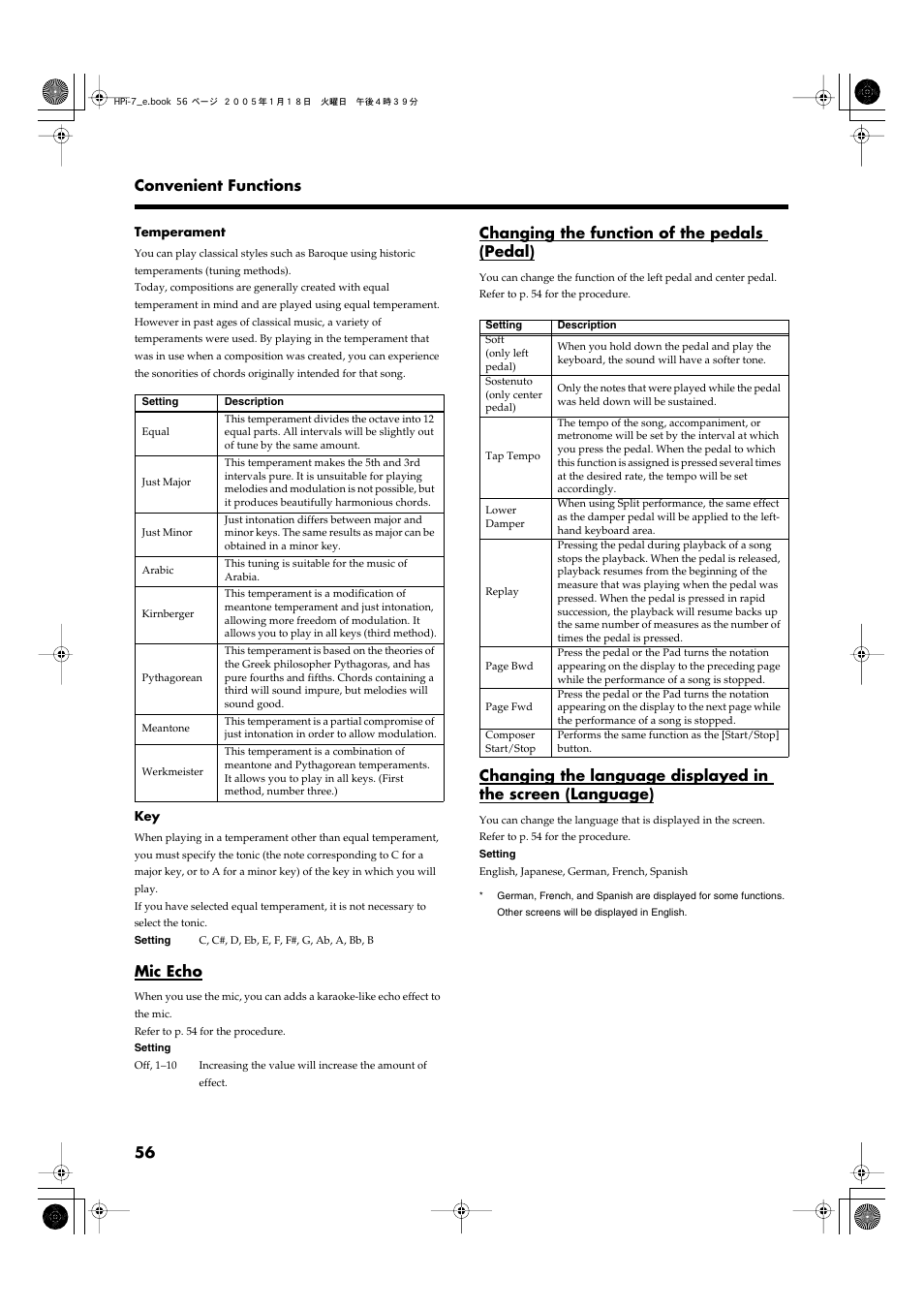 Mic echo, Changing the function of the pedals (pedal), Function of the pedals (pedal)” (p. 56) | Output from the hpi-7’s speakers (p. 56), 56 convenient functions | Roland HPi-7LE User Manual | Page 56 / 84