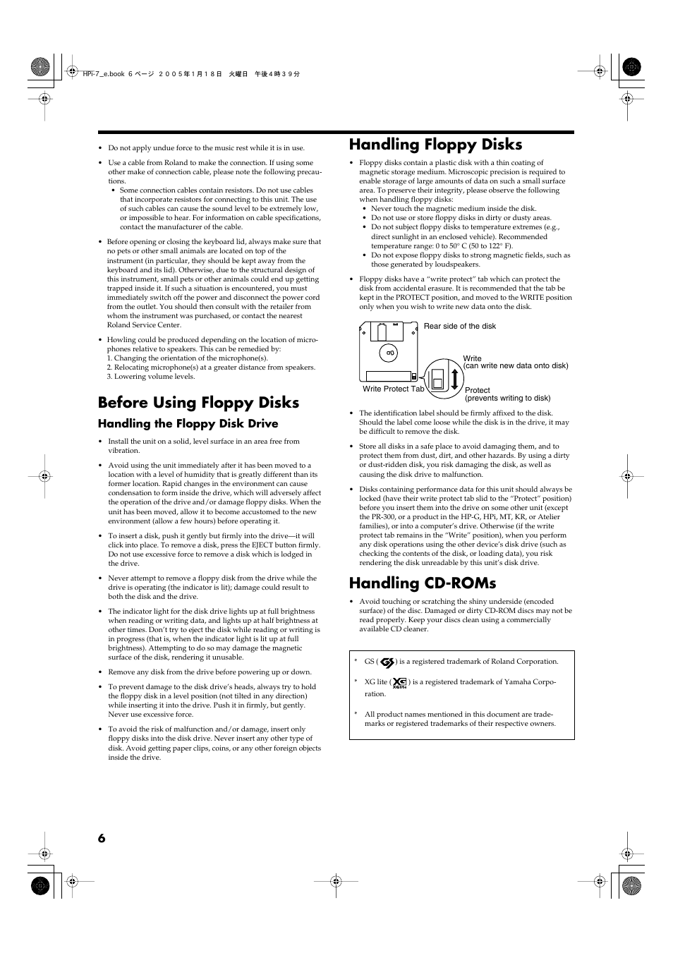 Before using floppy disks, Handling floppy disks, Handling cd-roms | Handling the floppy disk drive | Roland HPi-7LE User Manual | Page 6 / 84