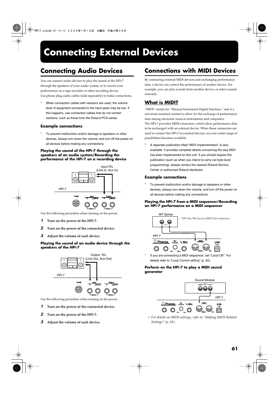 Connecting external devices, Connecting audio devices, Connections with midi devices | What is midi, Be output from the hpi-7’s speakers (p. 61), On a cassette tape (p. 61), Performance data (p. 61) | Roland HPi-7LE User Manual | Page 61 / 84