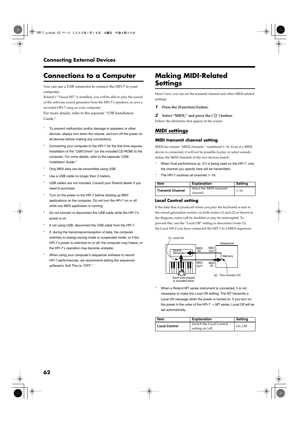 Connections to a computer, Making midi-related settings, Midi settings | P. 62), 62 connecting external devices | Roland HPi-7LE User Manual | Page 62 / 84