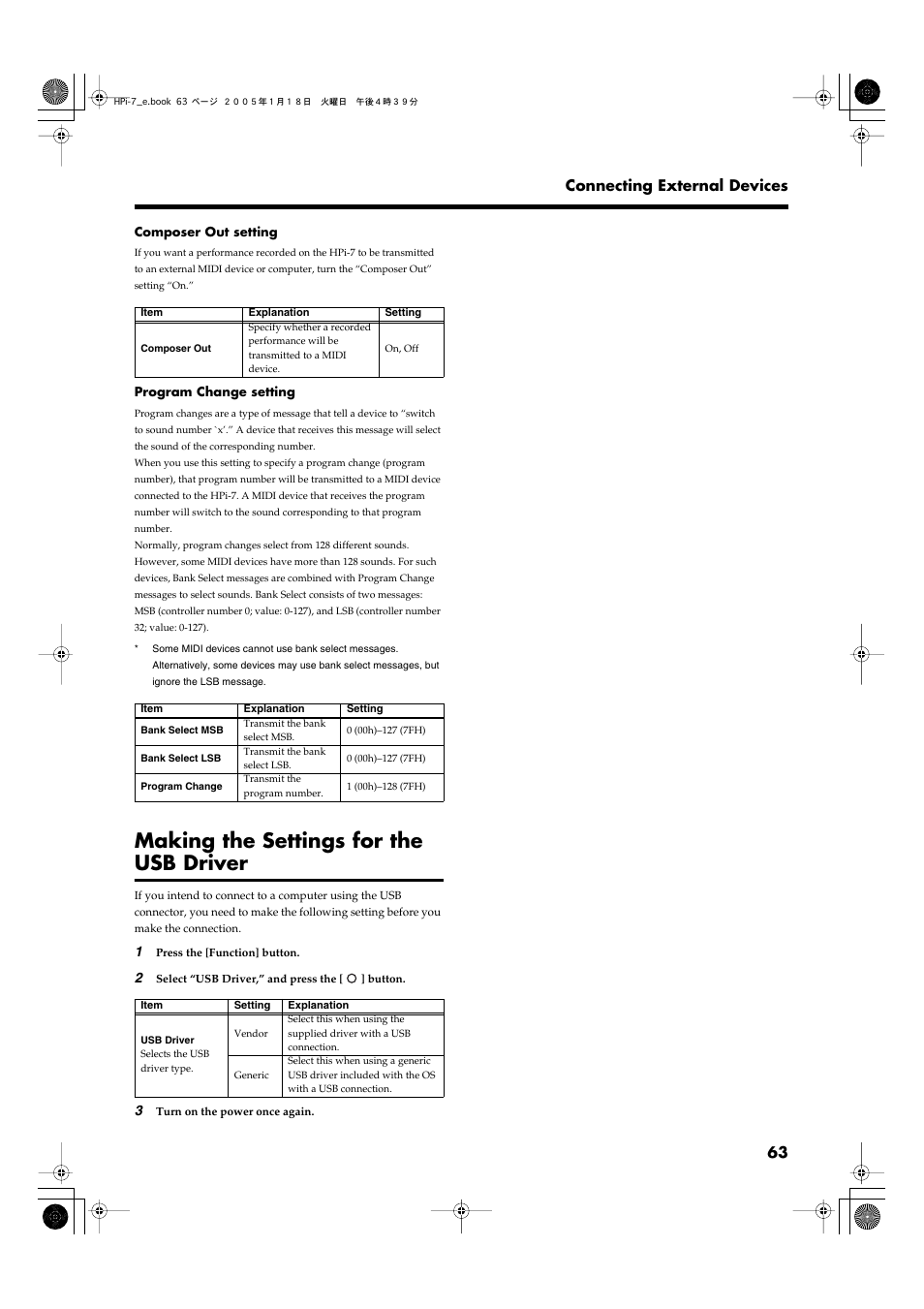 Making the settings for the usb driver, 63 connecting external devices | Roland HPi-7LE User Manual | Page 63 / 84