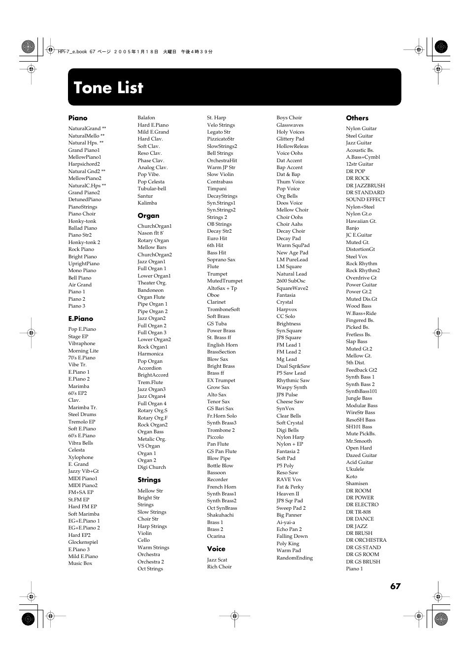 Tone list | Roland HPi-7LE User Manual | Page 67 / 84