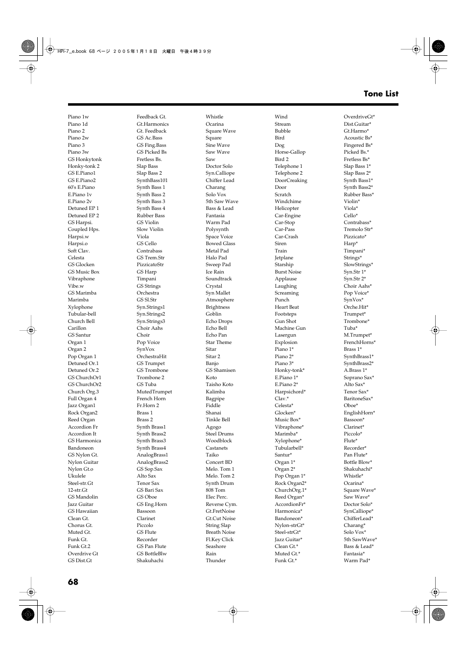 68 tone list | Roland HPi-7LE User Manual | Page 68 / 84