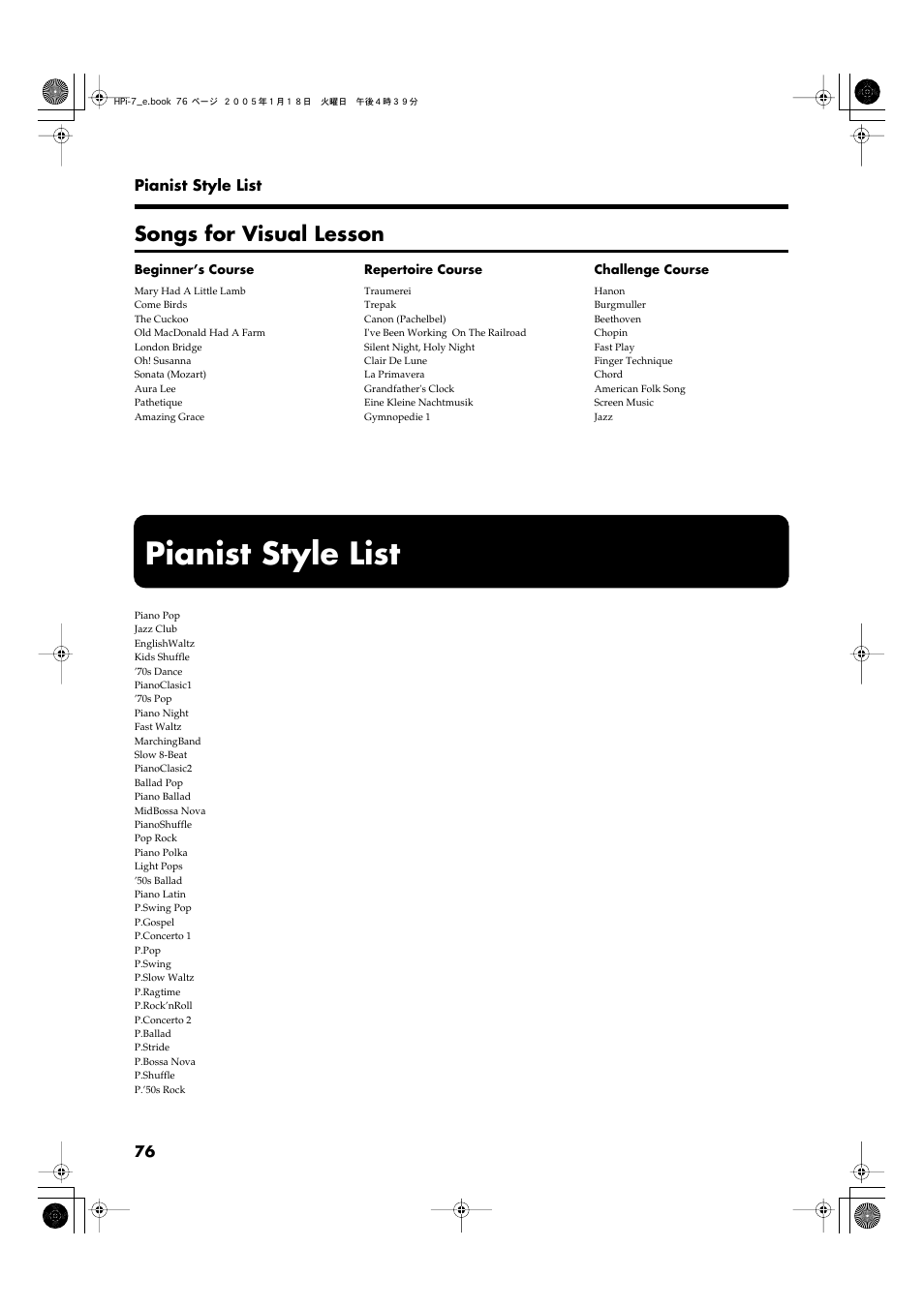 Songs for visual lesson, Pianist style list, Pianist style list” (p. 76) | Roland HPi-7LE User Manual | Page 76 / 84