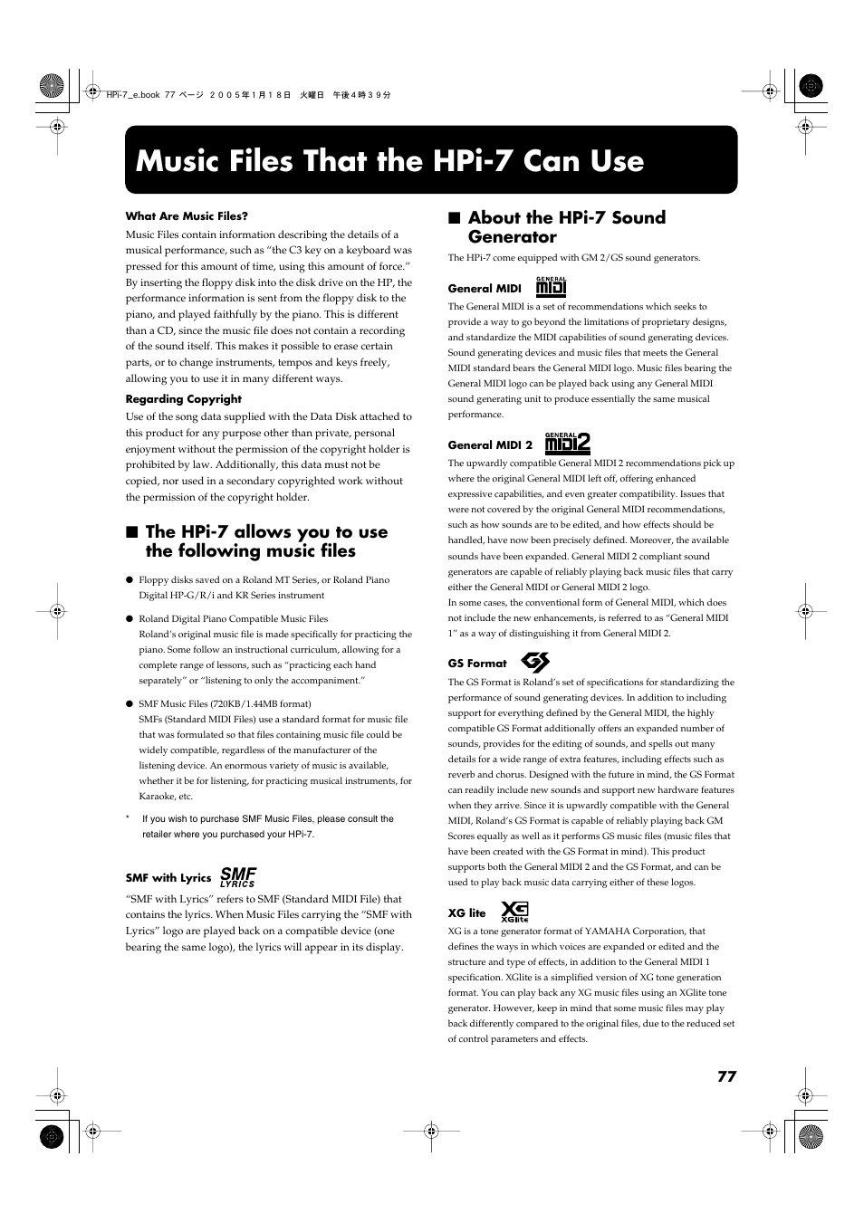 Music files that the hpi-7 can use, About the hpi-7 sound generator, P. 77), the left-hand part is assigned to the | Pianos (p. 77). also, if you want to, Pianos (p. 77) | Roland HPi-7LE User Manual | Page 77 / 84